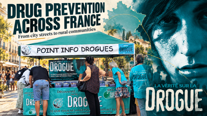 Voluntarios franceses de Scientology llevan la prevención de las drogas de las calles de las ciudades a las comunidades rurales
